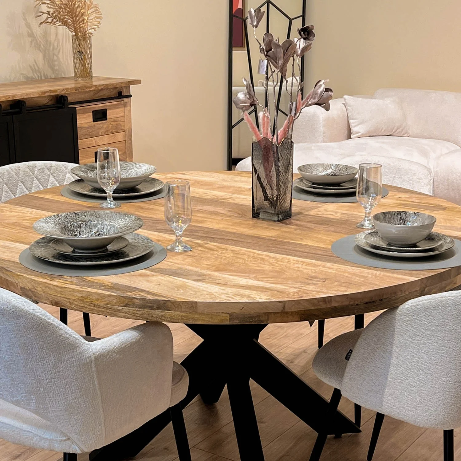 Grande Table à manger Ronde en bois massif- naturel/noir, EP4,5CM - FLAVIA - Image 7